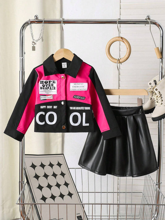 Motorcycle Graphic Letter Print Color Blocking Long Sleeve Crop Jacket Top + Stylish Faux Leather Mini Skirt Hot Pink
