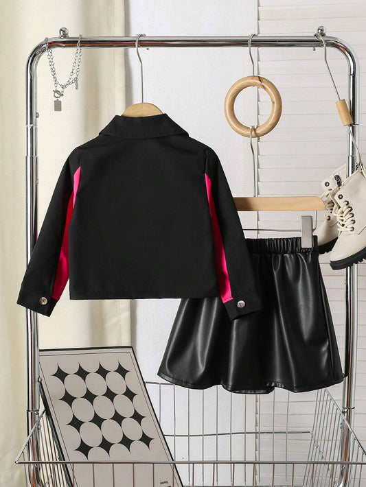 Motorcycle Graphic Letter Print Color Blocking Long Sleeve Crop Jacket Top + Stylish Faux Leather Mini Skirt