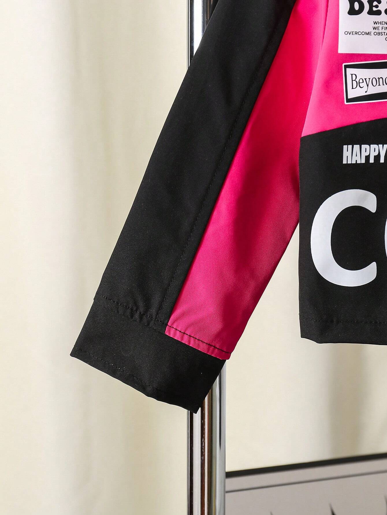 Motorcycle Graphic Letter Print Color Blocking Long Sleeve Crop Jacket Top + Stylish Faux Leather Mini Skirt