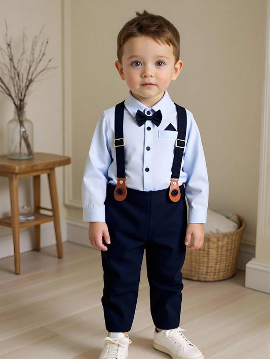 Infant Boys' Long Sleeve Bodysuit With Bow Tie Collar & Adjustable Bib Pants Set