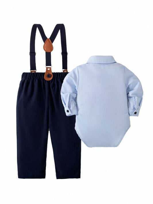 Infant Boys' Long Sleeve Bodysuit With Bow Tie Collar & Adjustable Bib Pants Set