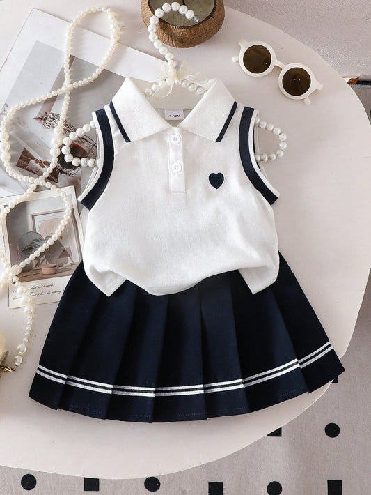 2pcs Infant Girls' Heart Embroidered Polo Collar Sleeveless Top And Elastic Waist Pleated Skirt