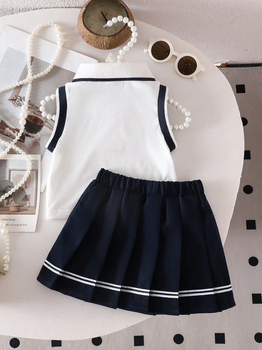 2pcs Infant Girls' Heart Embroidered Polo Collar Sleeveless Top And Elastic Waist Pleated Skirt