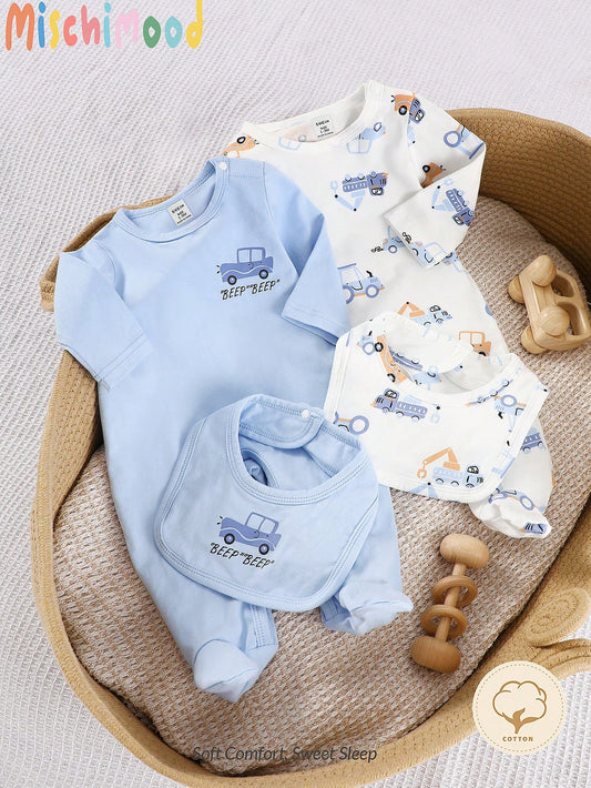 2pcs Newborn Baby Boy Car Cartoon Allover Print Funny Long Sleeve Footed Romper + Bib Set Blue & White