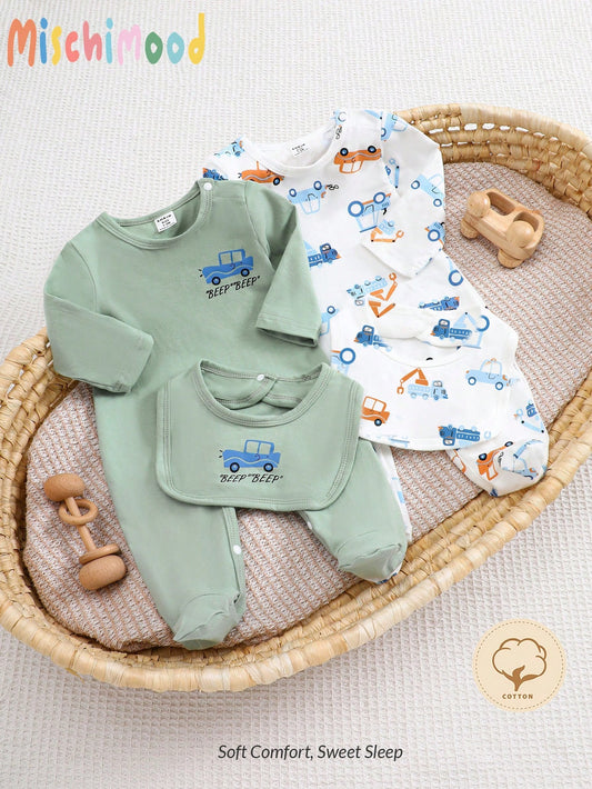 2pcs Newborn Baby Boy Car Cartoon Allover Print Funny Long Sleeve Footed Romper + Bib Set Multicolor