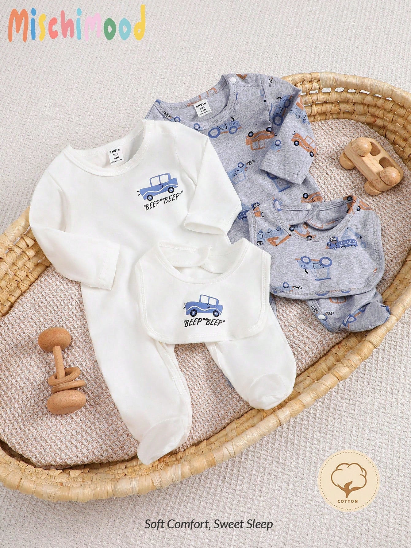 2pcs Newborn Baby Boy Car Cartoon Allover Print Funny Long Sleeve Footed Romper + Bib Set Multicolor 2