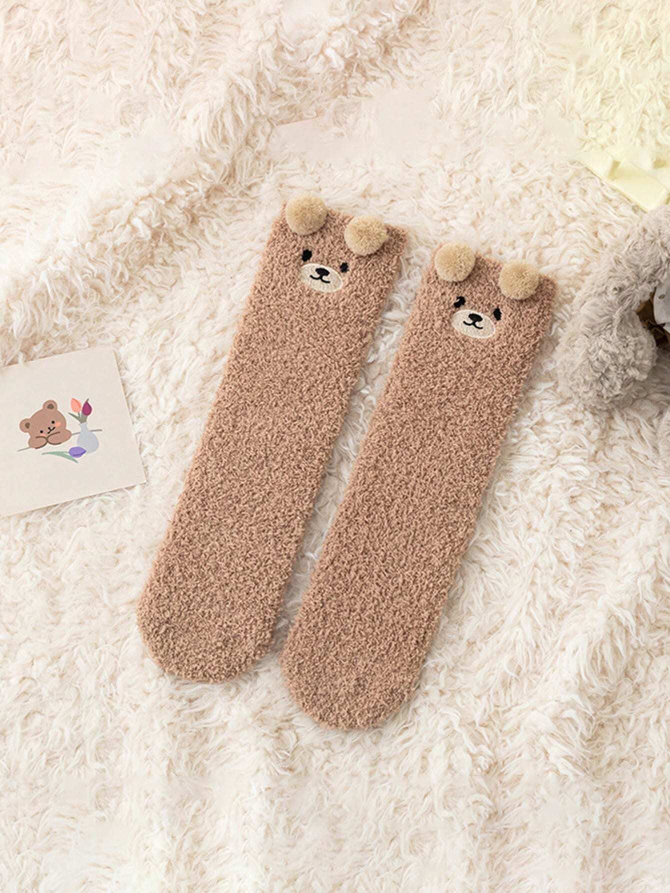 2pcs/Pair Infant Coral Fleece Long Leg Socks With Cute Bear Designs Khaki
