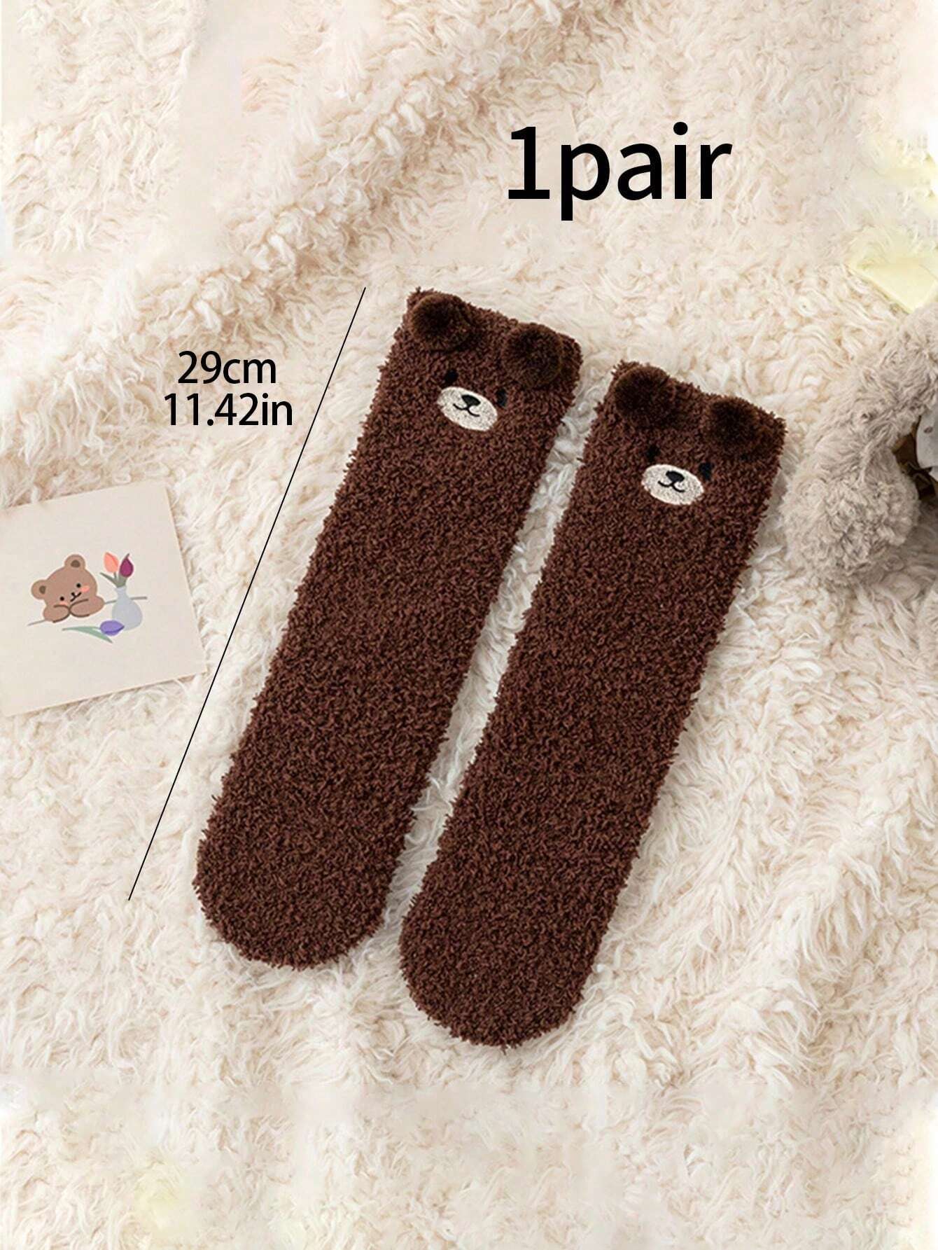 2pcs/Pair Infant Coral Fleece Long Leg Socks With Cute Bear Designs Brown
