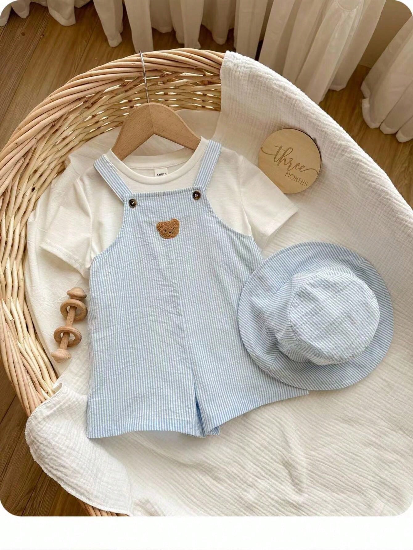 Blue & White Striped Overalls Shorts & Bucket Hat Set