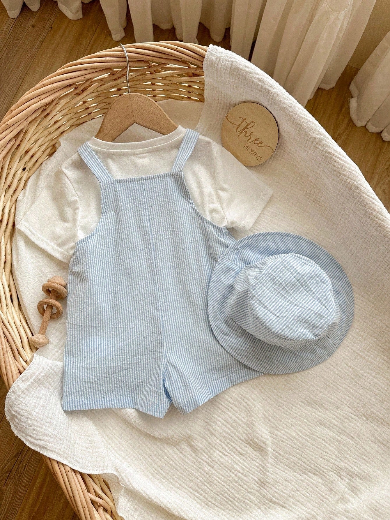 Blue & White Striped Overalls Shorts & Bucket Hat Set
