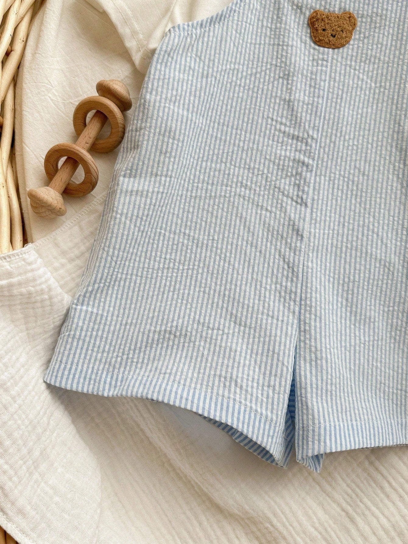 Blue & White Striped Overalls Shorts & Bucket Hat Set