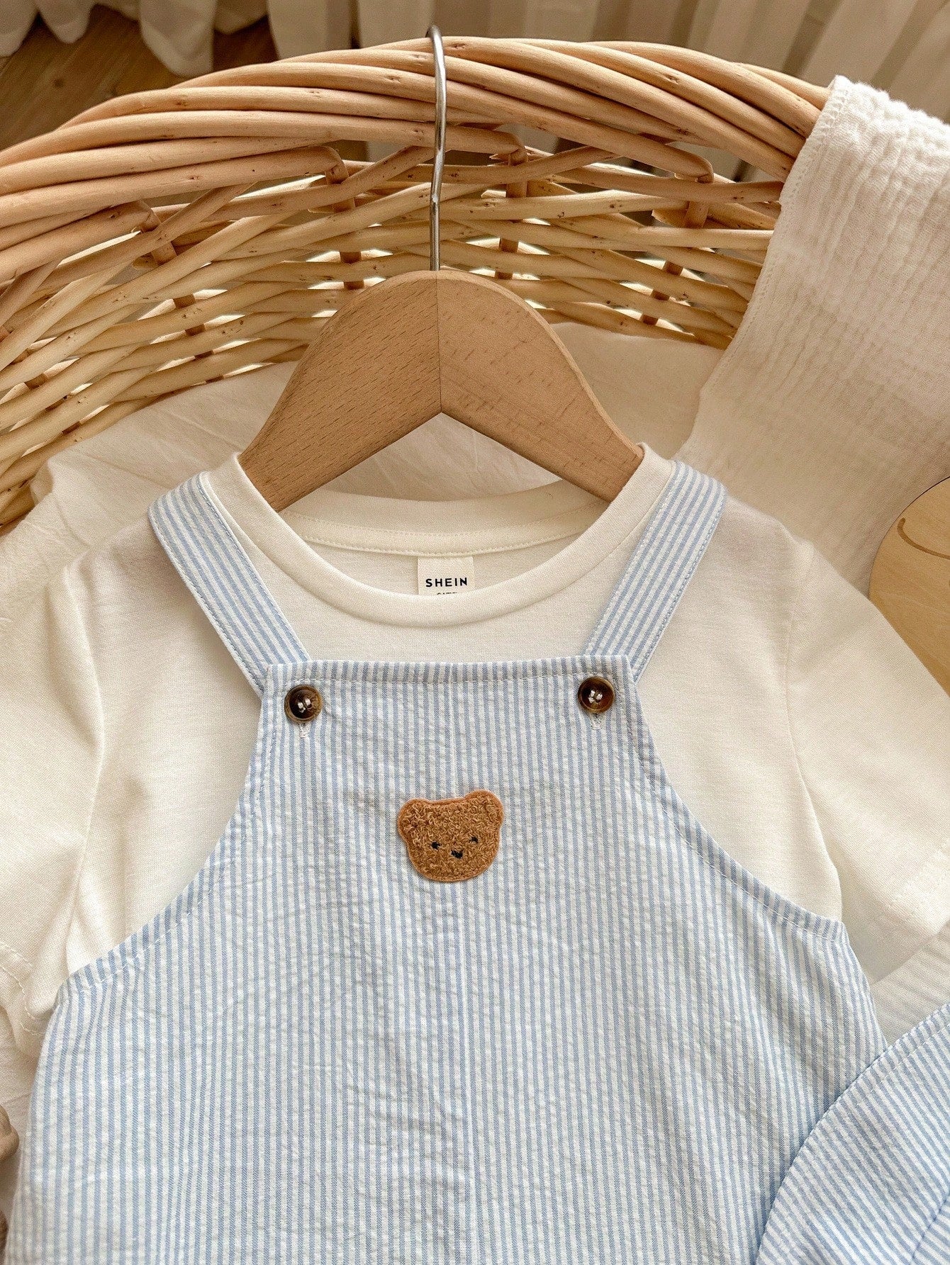 Blue & White Striped Overalls Shorts & Bucket Hat Set