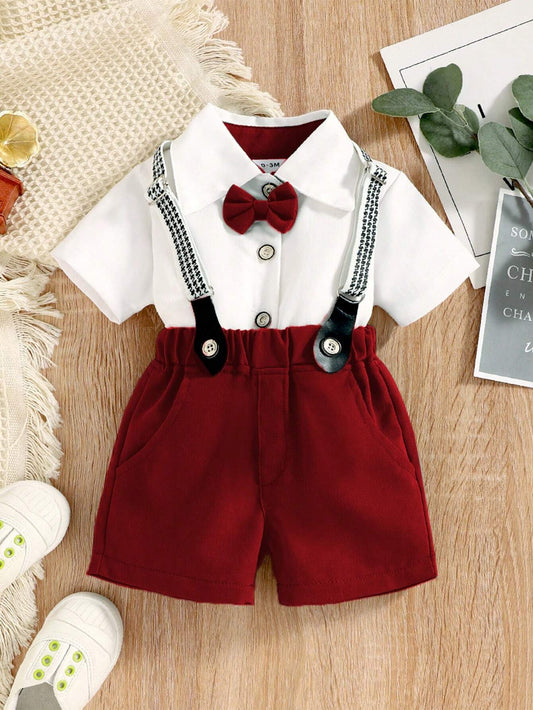 Baby Boy Bow Front Shirt & Suspender Shorts