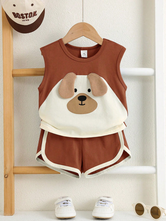Baby Boy Cute Cartoon Print Colorblock Sleeveless Tank Top And Shorts Set