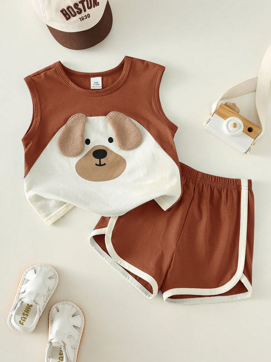 Baby Boy Cute Cartoon Print Colorblock Sleeveless Tank Top And Shorts Set