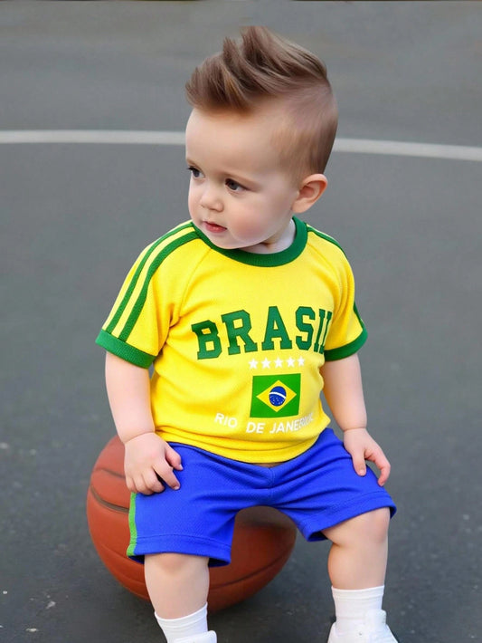 Baby Boys Sports Style Red & Blue Striped Jersey Top And Shorts Set