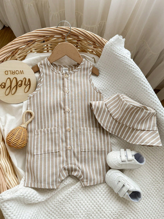 Baby Boy/Girl Striped Sleeveless Romper & Bucket Hat, Outfit