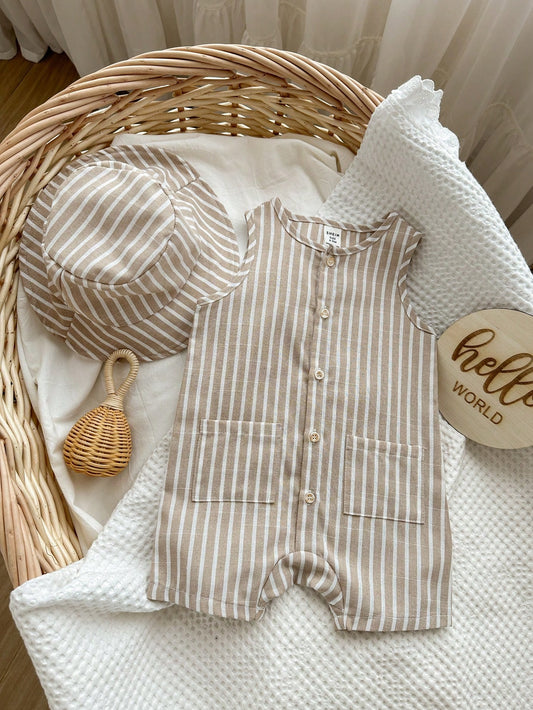 Baby Boy/Girl Striped Sleeveless Romper & Bucket Hat, Outfit