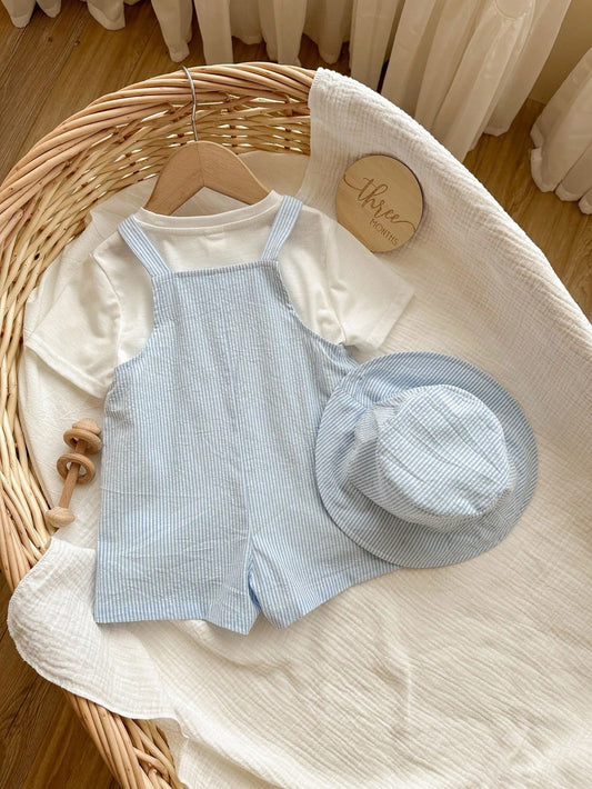 Boy/Girl Striped Bib Overalls Shorts And Fisherman Hat Set