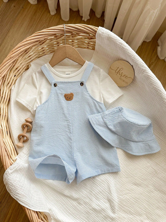 Boy/Girl Striped Bib Overalls Shorts And Fisherman Hat Set