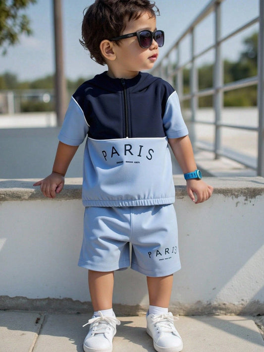Letter Print Color Blocking Hoodie Jacket And Shorts Set