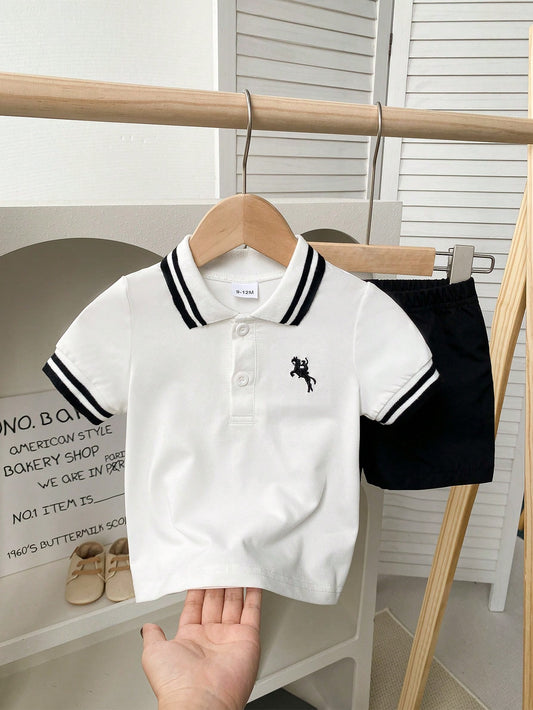 Mummy & Mee Baby Boy Summer Casual Fashionable Striped Collar Short Sleeve Top & Versatile Shorts 2-3Y
