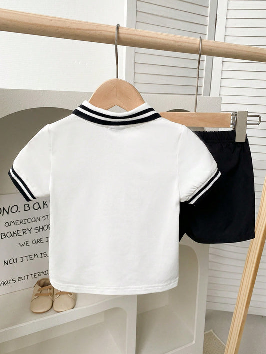 Mummy & Mee Baby Boy Summer Casual Fashionable Striped Collar Short Sleeve Top & Versatile Shorts