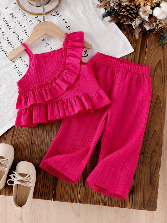 Elegant Fuchsia Striped Sleeveless Ruffle Shoulder Vest Top & Elastic Waist Straight Pants