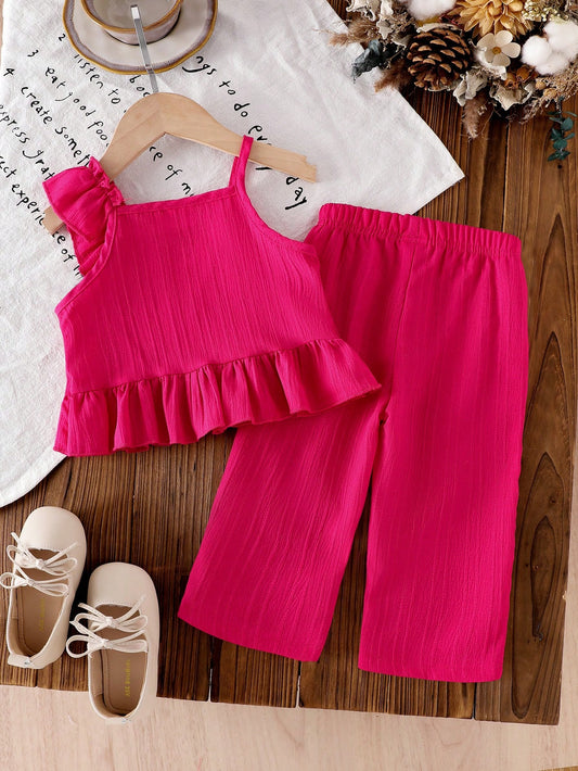 Striped Sleeveless Ruffle Shoulder Top & Straight Pants Outfit