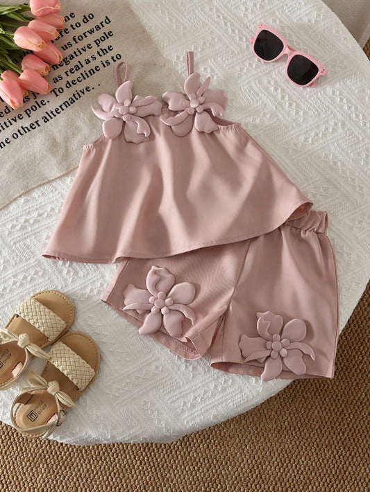 3D Floral Camisole Top And Shorts Summer Fashion Outfit