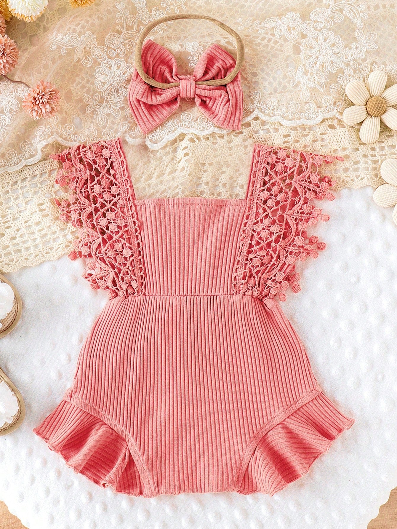 Solid Color Hollow Lace Tassel Trim Bodysuit And Headband Set