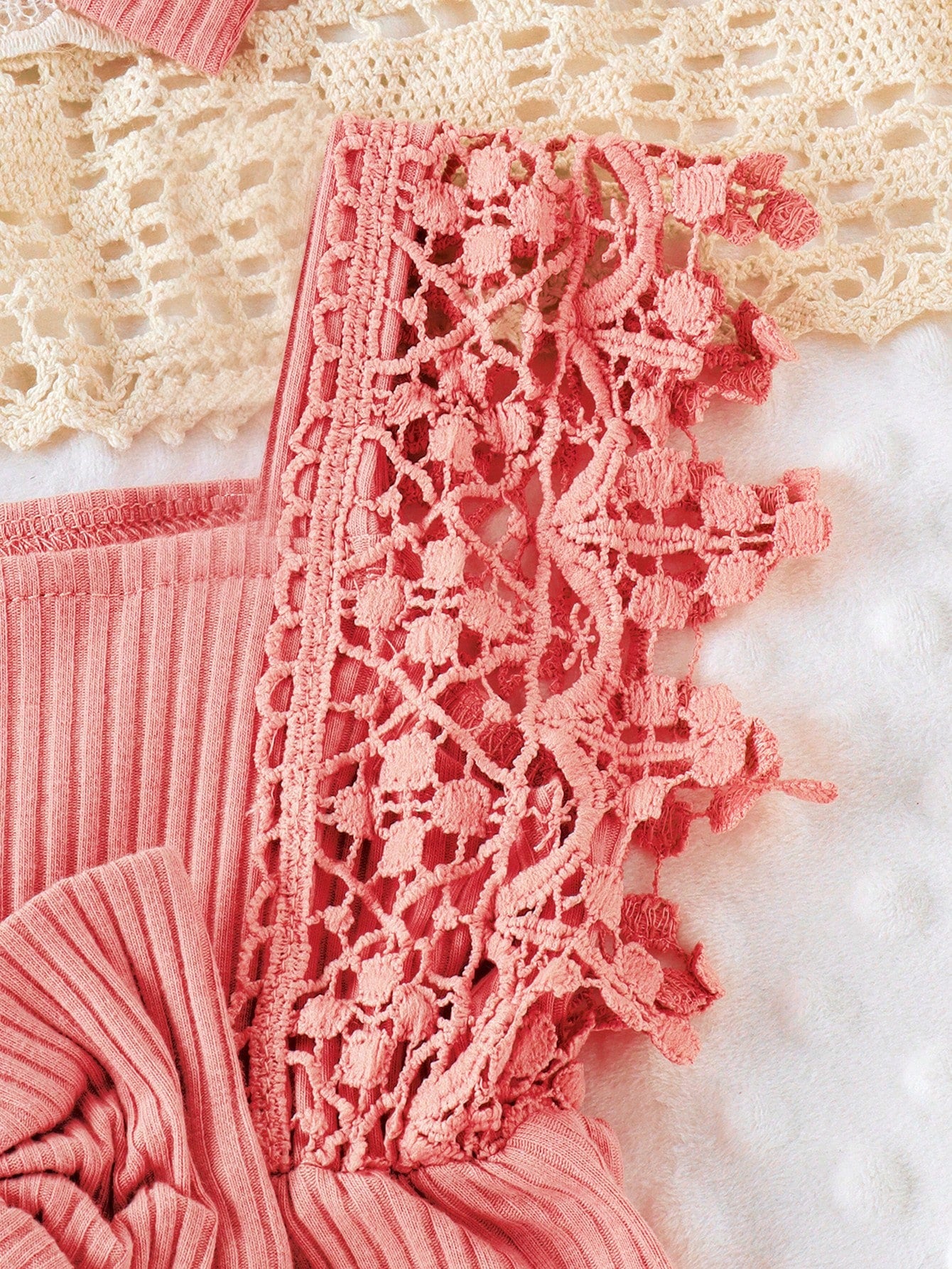 Solid Color Hollow Lace Tassel Trim Bodysuit And Headband Set