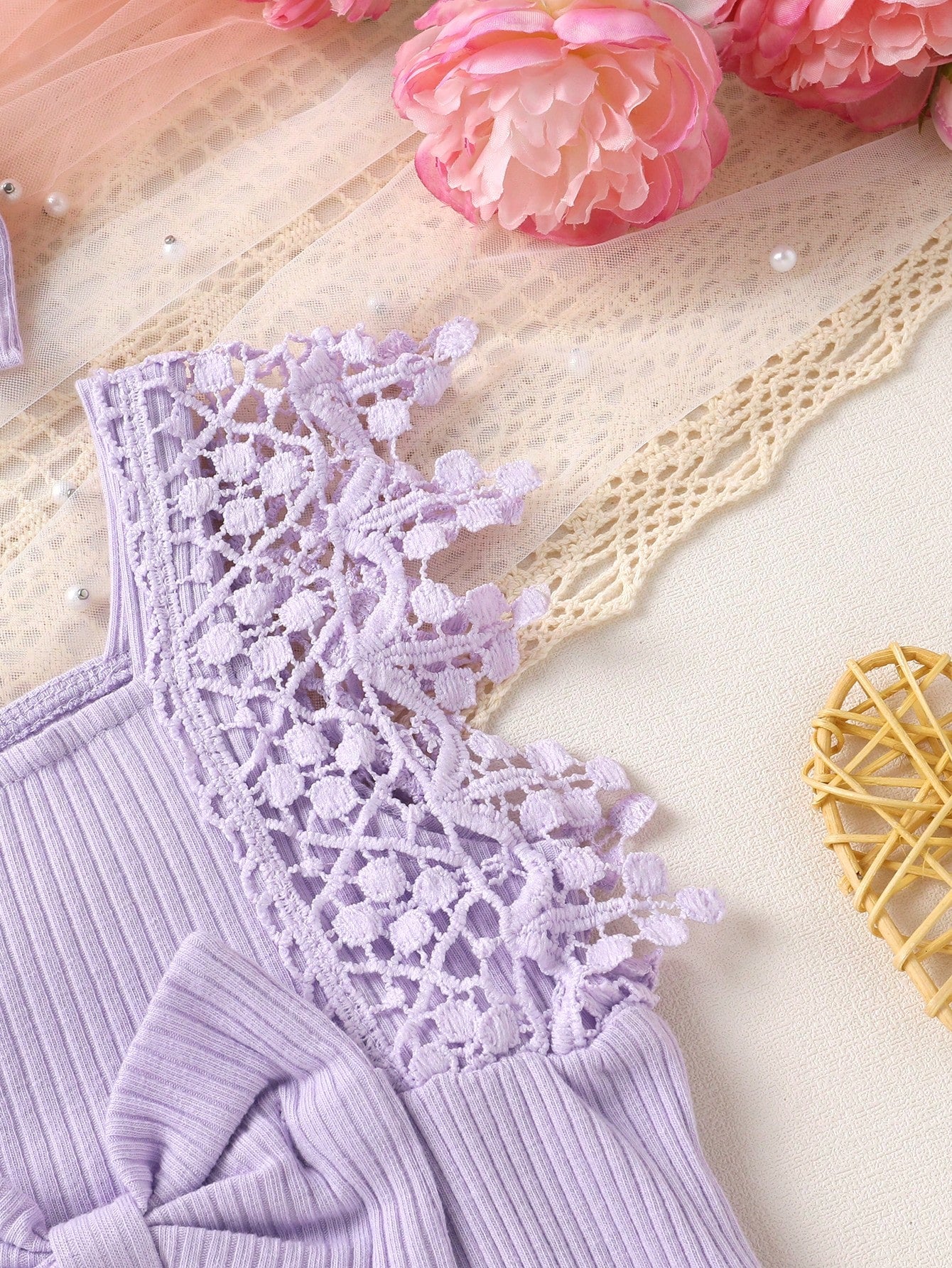 Solid Color Hollow Lace Tassel Trim Bodysuit And Headband Set