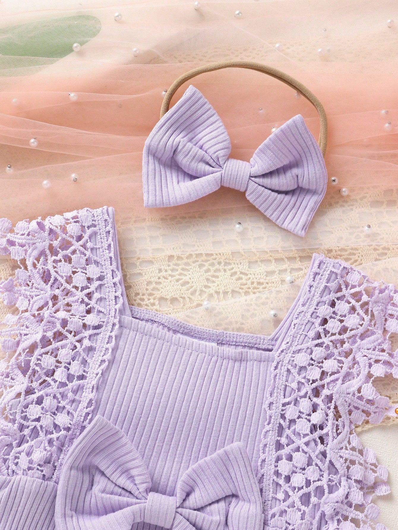 Solid Color Hollow Lace Tassel Trim Bodysuit And Headband Set