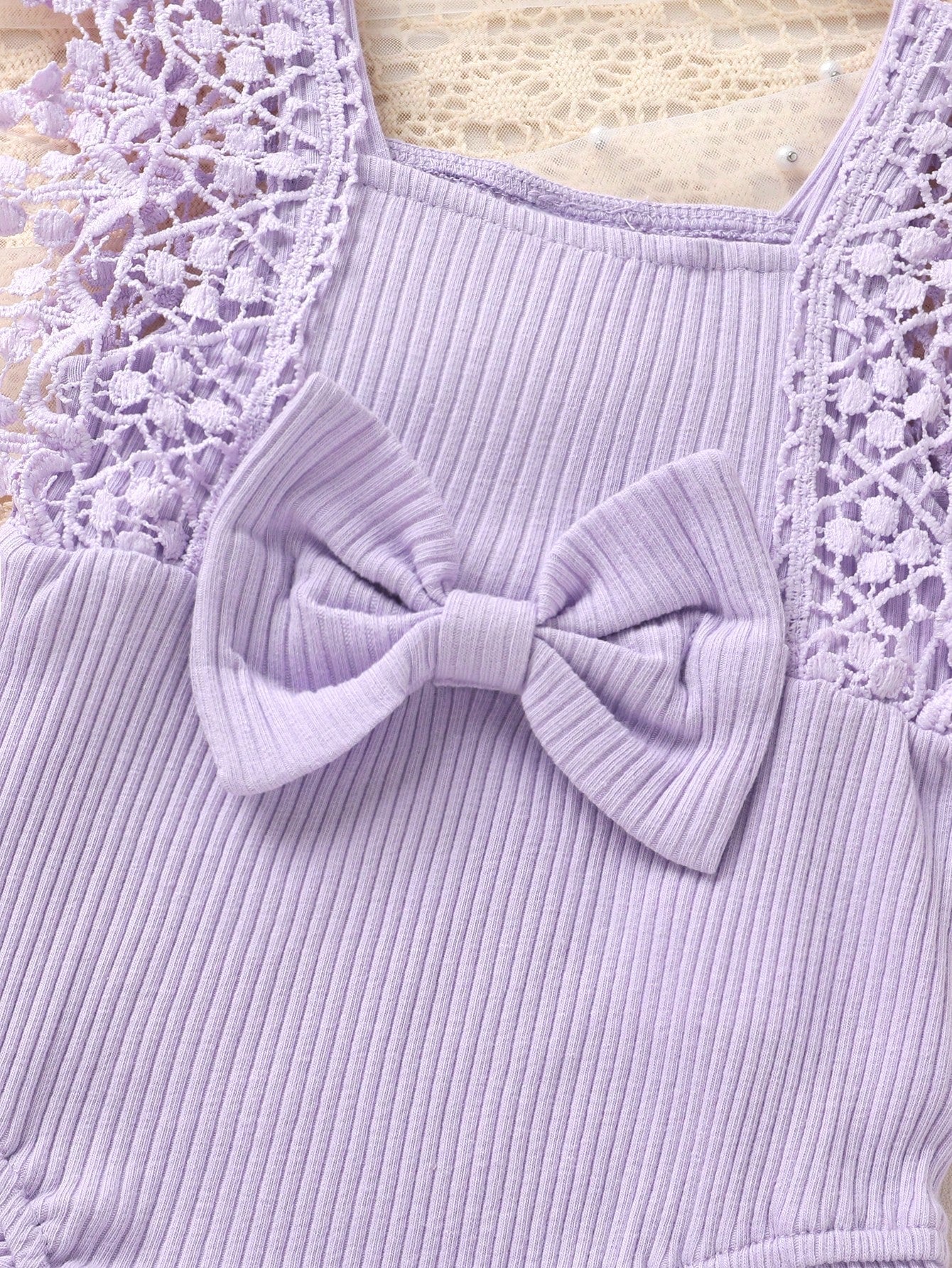 Solid Color Hollow Lace Tassel Trim Bodysuit And Headband Set