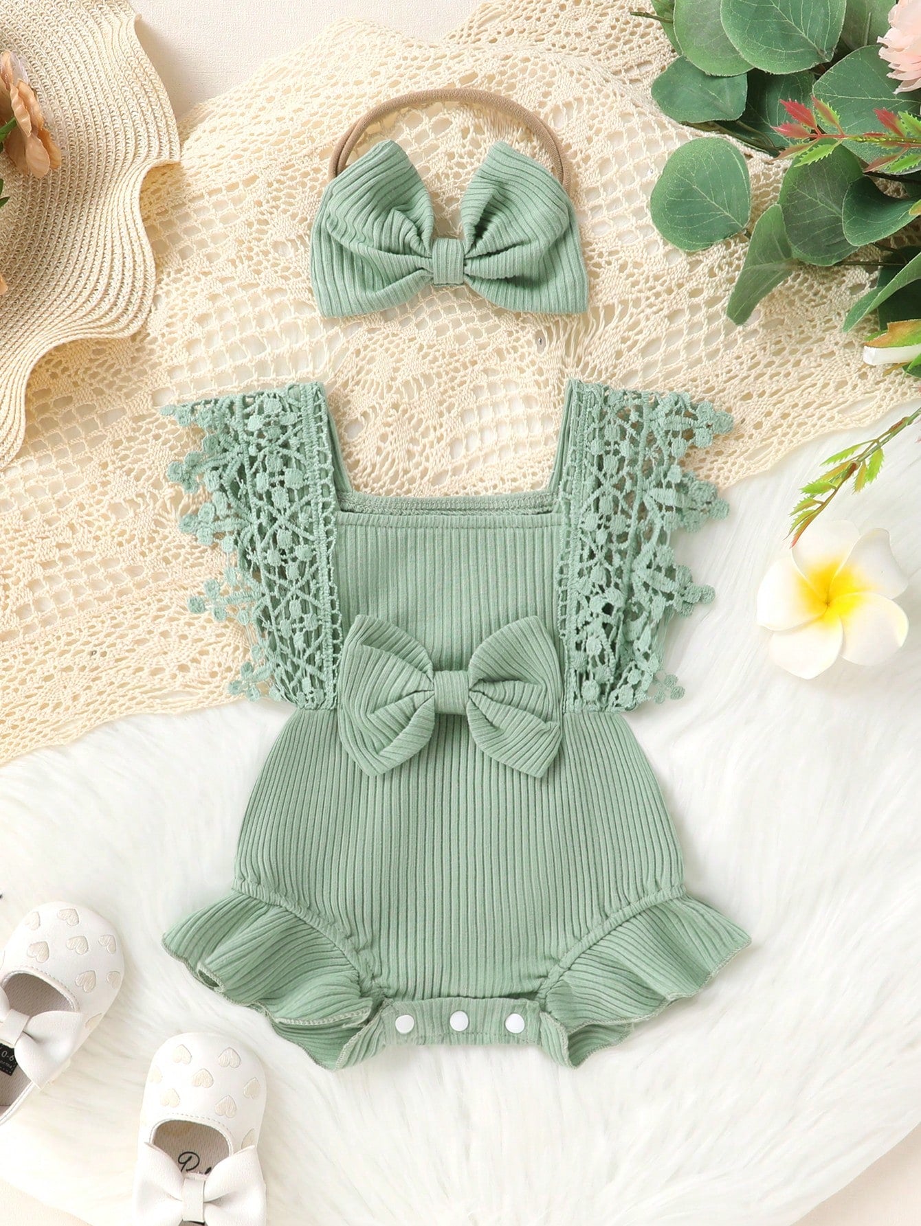 Cute Baby Girl's Soft, Comfortable, Breathable Solid Color Hollow Out Fringe Dress Romper With Headband Green