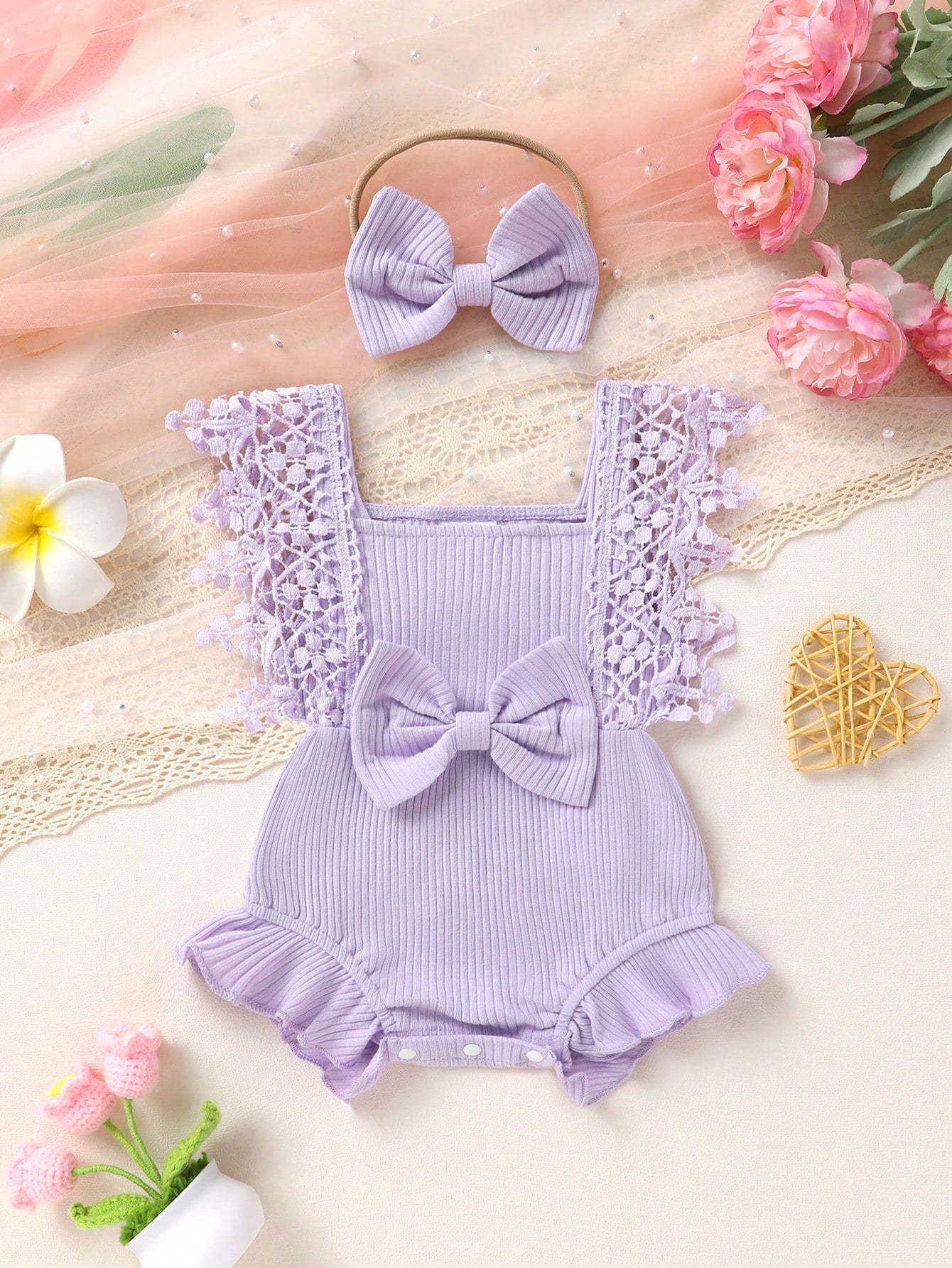 Cute Baby Girl's Soft, Comfortable, Breathable Solid Color Hollow Out Fringe Dress Romper With Headband Mauve Purple