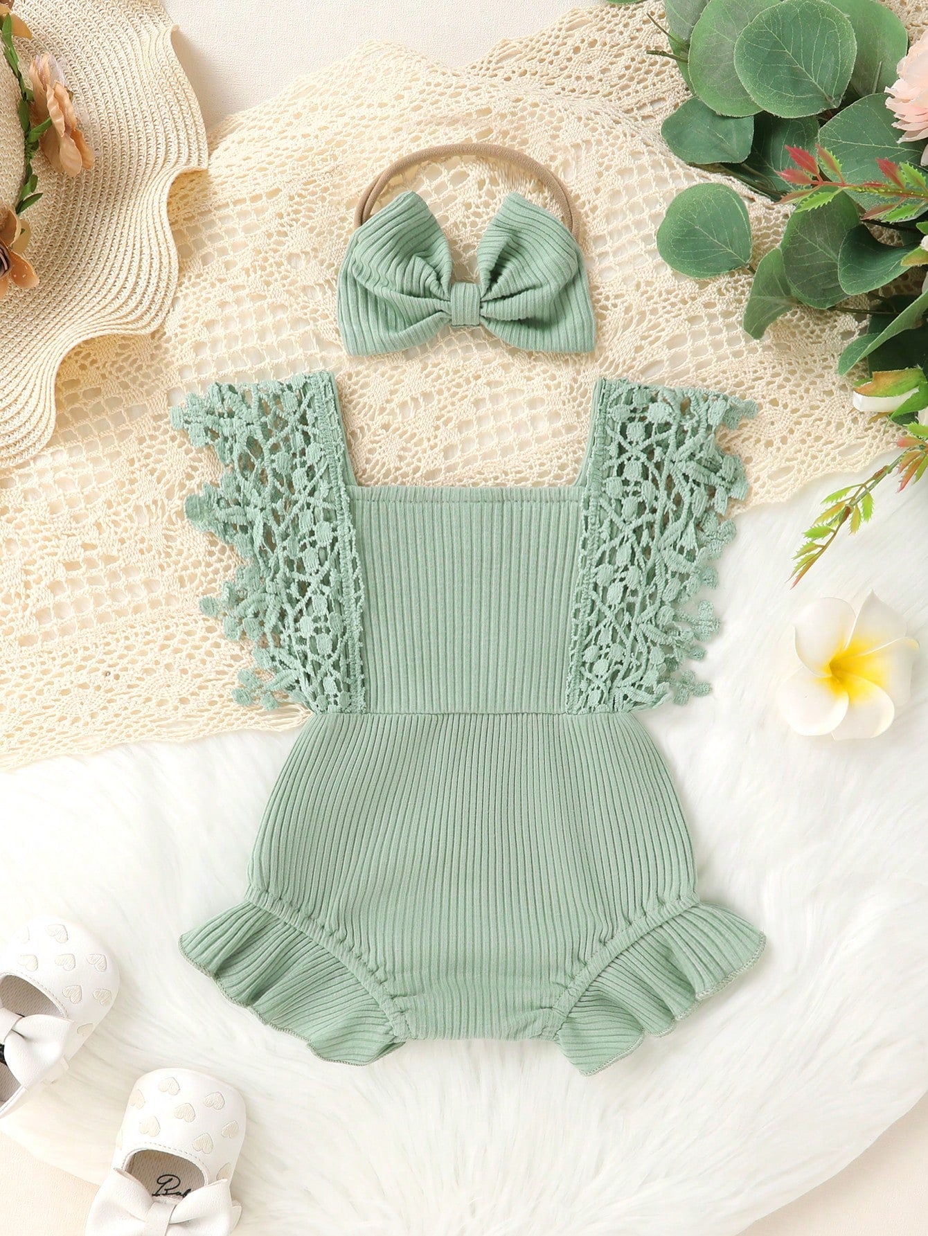 Cute Baby Girl's Soft, Comfortable, Breathable Solid Color Hollow Out Fringe Dress Romper With Headband