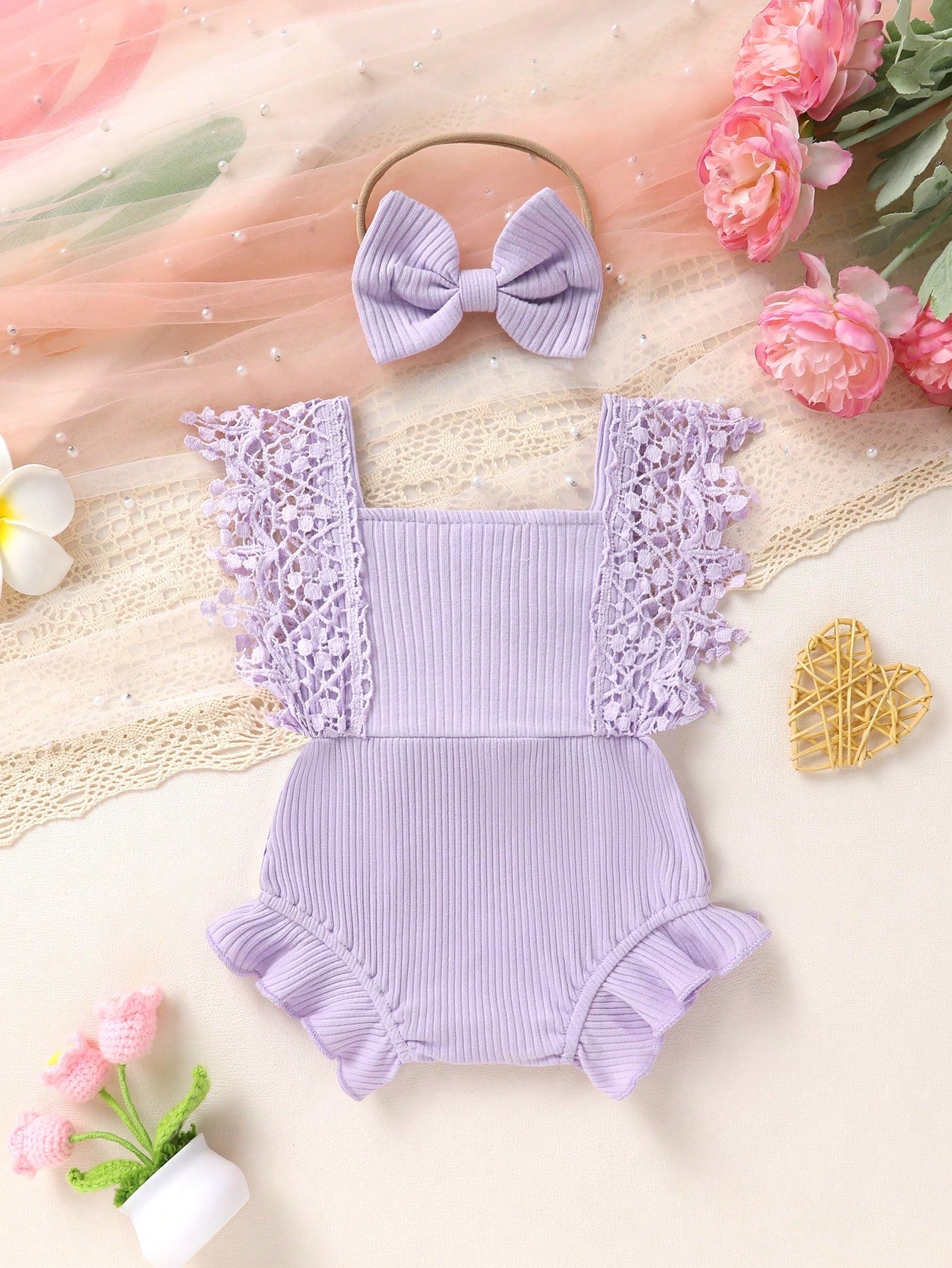 Cute Baby Girl's Soft, Comfortable, Breathable Solid Color Hollow Out Fringe Dress Romper With Headband