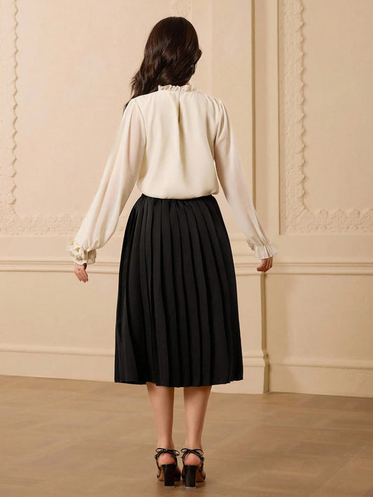 Elegant Luxurious Apricot Puff Sleeve Long Sleeve 3D Floral Black Dress & Jacket