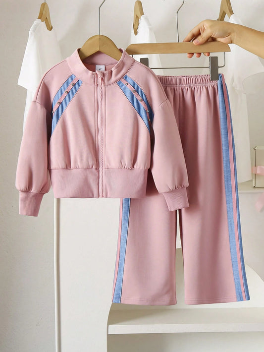 Fashionable Girls Casual Zip-Up Color Block Hoodie + Color Block Pants Set Pink