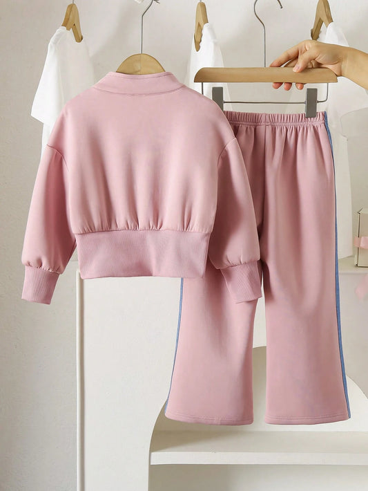 Fashionable Girls Casual Zip-Up Color Block Hoodie + Color Block Pants Set