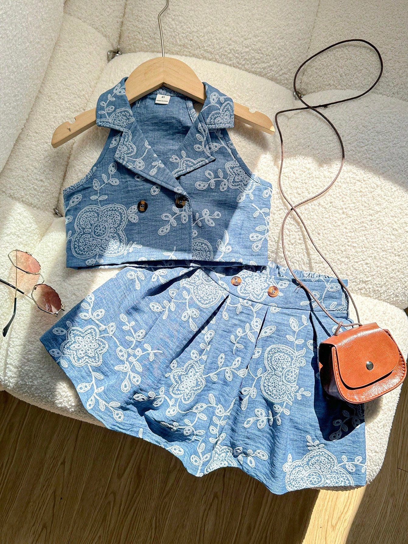 2pcs/Set Girls Floral Embroidery Print Top And Pleated Skirt Set