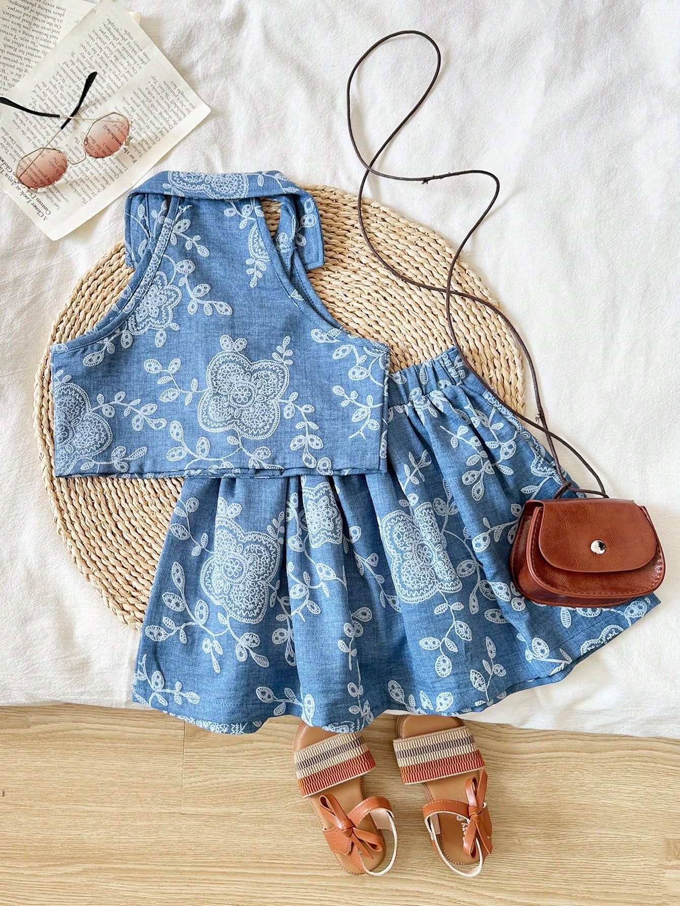 2pcs/Set Girls Floral Embroidery Print Top And Pleated Skirt Set