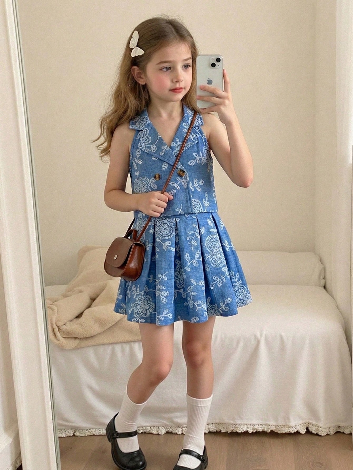 2pcs/Set Girls Floral Embroidery Print Top And Pleated Skirt Set