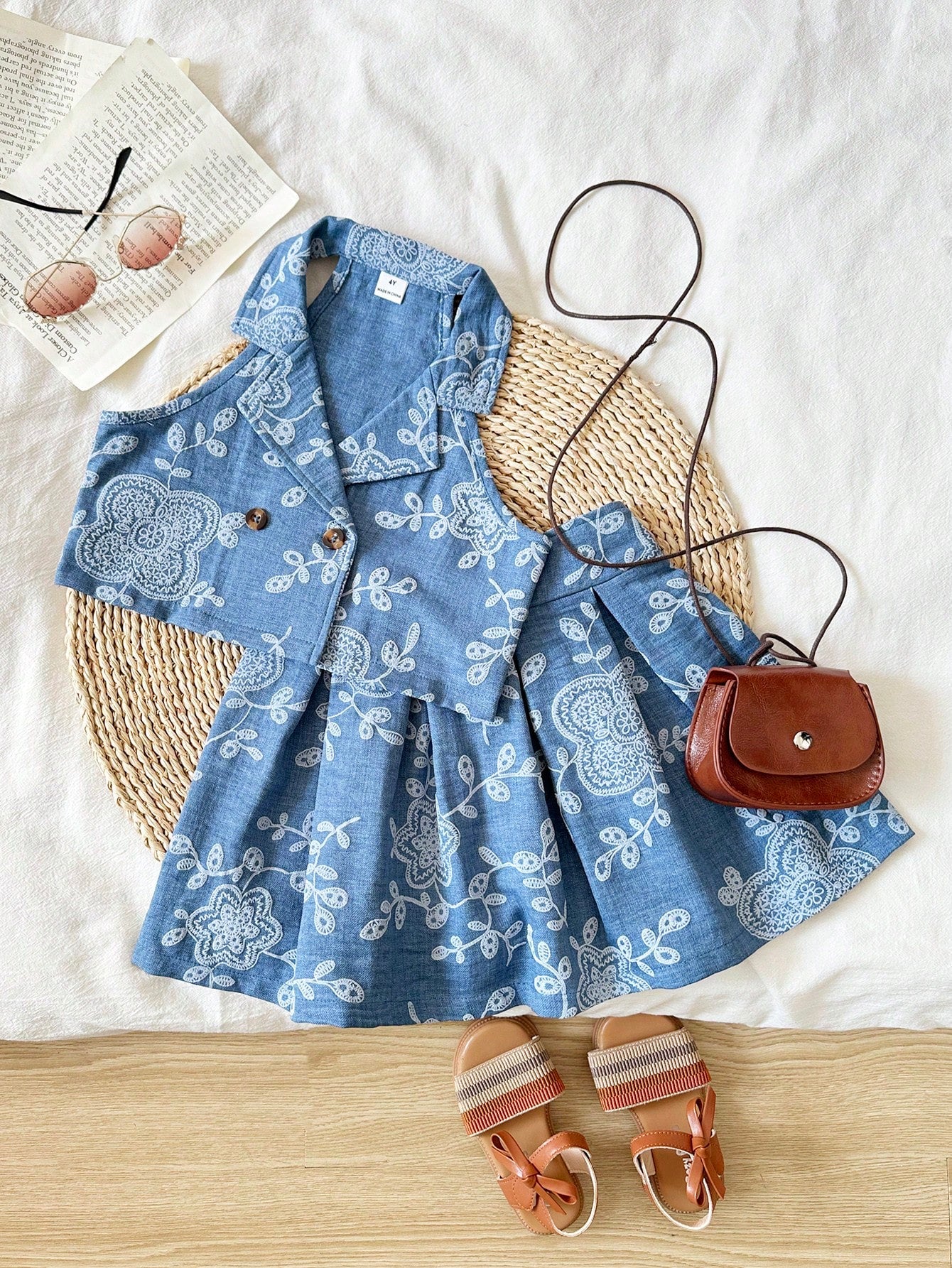 2pcs/Set Girls Floral Embroidery Print Top And Pleated Skirt Set