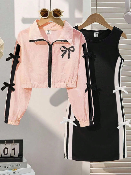 Mummy & Mee Girls Casual Long Sleeve Jacket With Drawstring Bow Decor Zipper Collar And Bow Decor Slip Dress 9Y