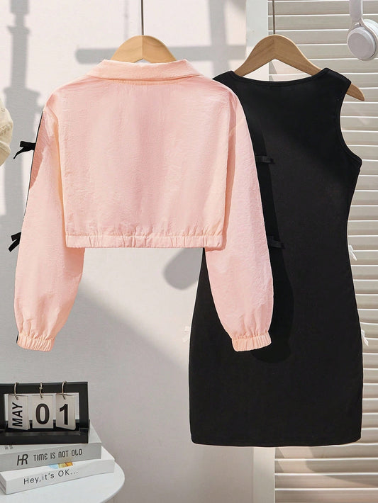 Mummy & Mee Girls Casual Long Sleeve Jacket With Drawstring Bow Decor Zipper Collar And Bow Decor Slip Dress