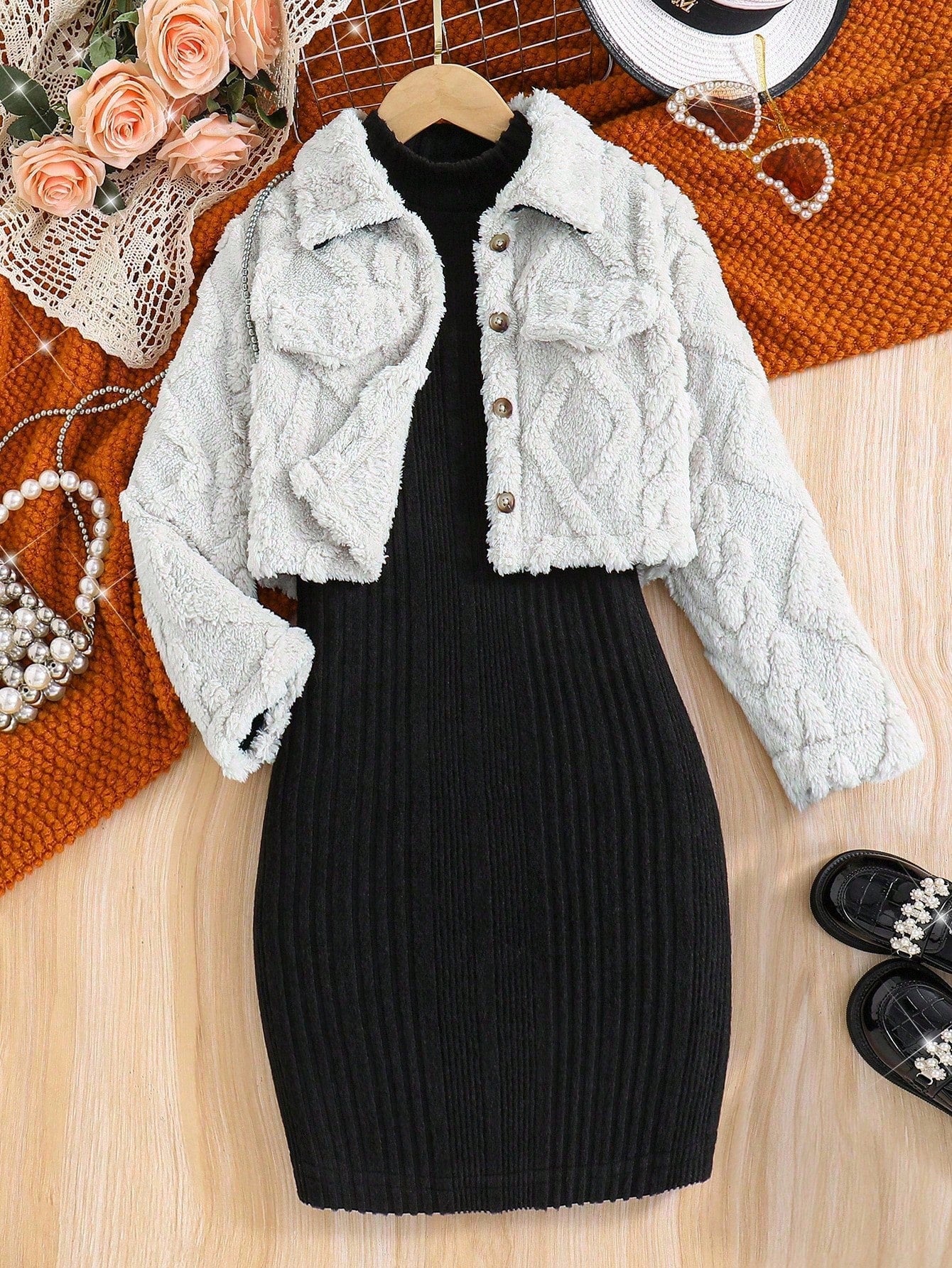 Warm Plush Coat + Mid-Neck Knitted Brushed A-Line Skirt White