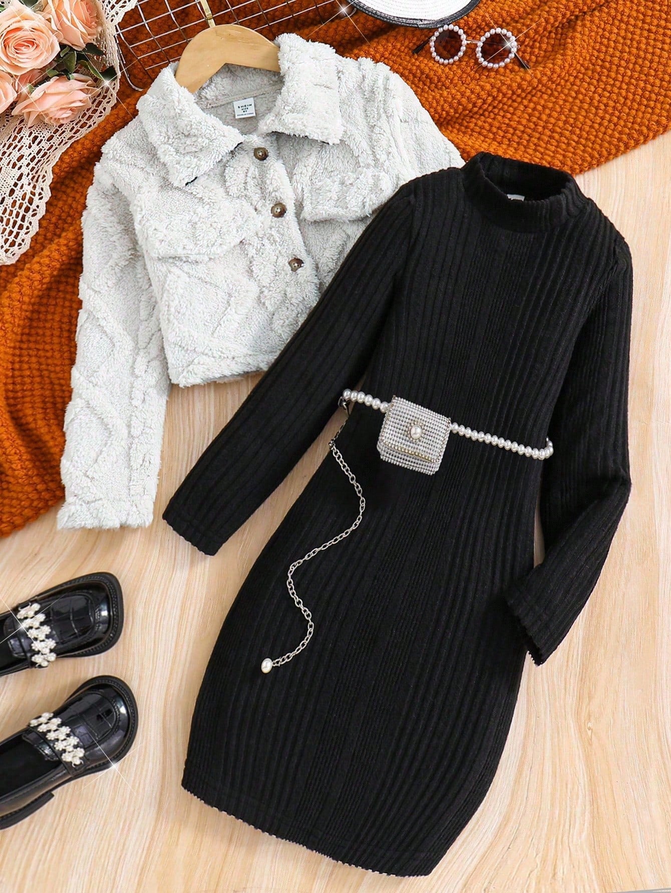 Warm Plush Coat + Mid-Neck Knitted Brushed A-Line Skirt